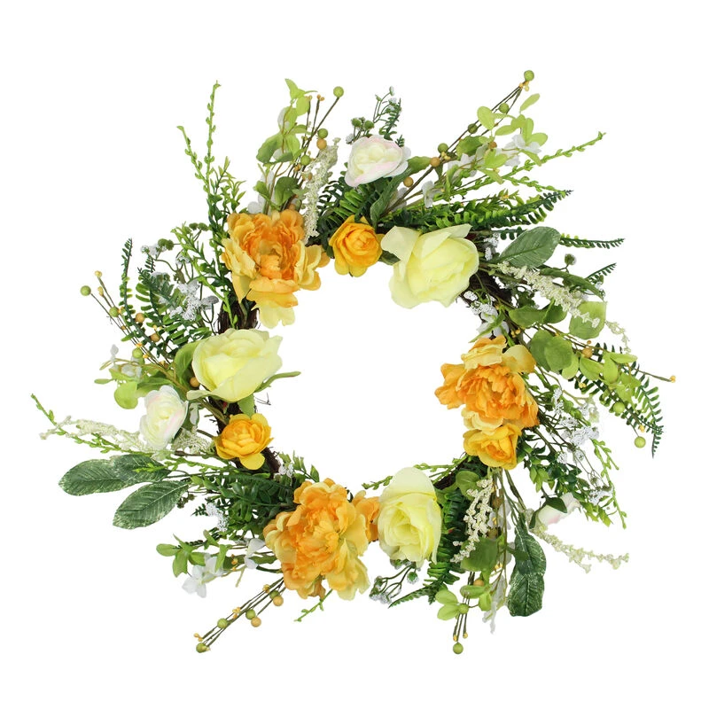 Northlight Hydrangea And Rose Artificial Floral Wreath Yellow 24-Inch 3 Northlight Hydrangea And Rose Artificial Floral Wreath Yellow 24-Inch