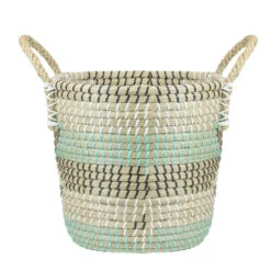 Northlight 14" Natural Woven Seagrass Basket With Teal Black And White Accents