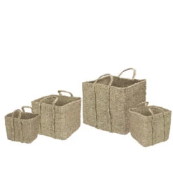Northlight Set Of 4 Rustic Beige Square Wicker Table And Floor Baskets