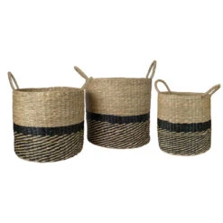 Northlight Set Of 3 Black And Beige Woven Table And Floor Cylindrical Seagrass Baskets