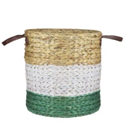 Northlight 16" Beige White And Teal Braided Wicker Basket With Handles