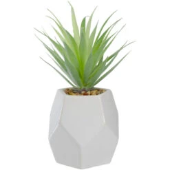 Northlight 7.5" Green Artificial Sword Grass In A White Geometric Pot