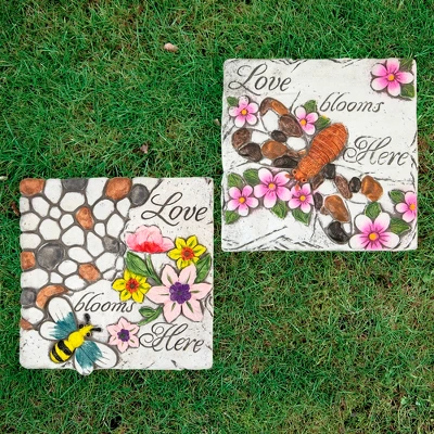 Northlight Set Of 2 'Love Blooms Here' Floral Outdoor Garden Stones 7" 3 Northlight Set Of 2 'Love Blooms Here' Floral Outdoor Garden Stones 7"
