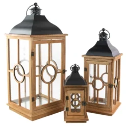 Northlight Set Of 3 Natural Wood Candle Lanterns With Black Metal Tops 26.5" -Northlight GUEST 8b957022 a4bc 4dbb a1ce 17fc8ff0e694