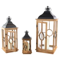 Northlight Set Of 3 Natural Wood Candle Lanterns With Black Metal Tops 26.5" -Northlight GUEST 959aac78 28ae 41d3 98df d5055ea147f9