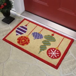 Northlight Brightly Colored Mixed Christmas Ornaments Doormat With Red Border 30" X 18" -Northlight GUEST cba2321e 1a19 4b08 a5e4 3ee1d4a5aef1