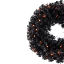 Northlight Pre-Lit Black Noble Spruce Artificial Halloween Wreath, 24-Inch, Orange Lights -Northlight GUEST ffe6304d 7ff1 4237 9fed ae6b502279ad