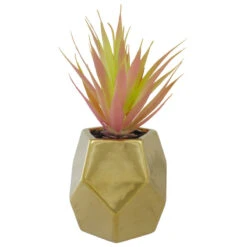 Northlight 8" Green Artificial Sword Grass In A Gold Geometric Pot