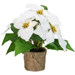 NorthLight 11 In. LED Artificial Poinsettia Potted Plant With Burlap Base, - Clear Lights White