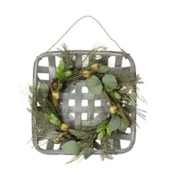 Northlight 16 Autumn Harvest Green Hop And Cattail Grapevine Wreath In A Wooden Tray Hanger