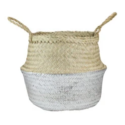 Northlight 13" Beige And Silver Seagrass Belly Wicker Basket With Handles
